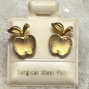 Apple Stud Earrings Gold Tone Surgical Steel Teacher Gift Fruitcore Cottagecore